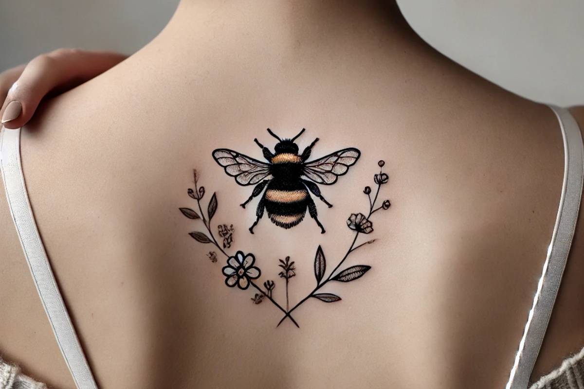 A womans back with a bumble bee tattoo