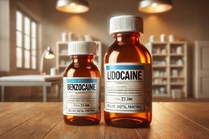Two bottles on a table Benzocaine and Lidocaine