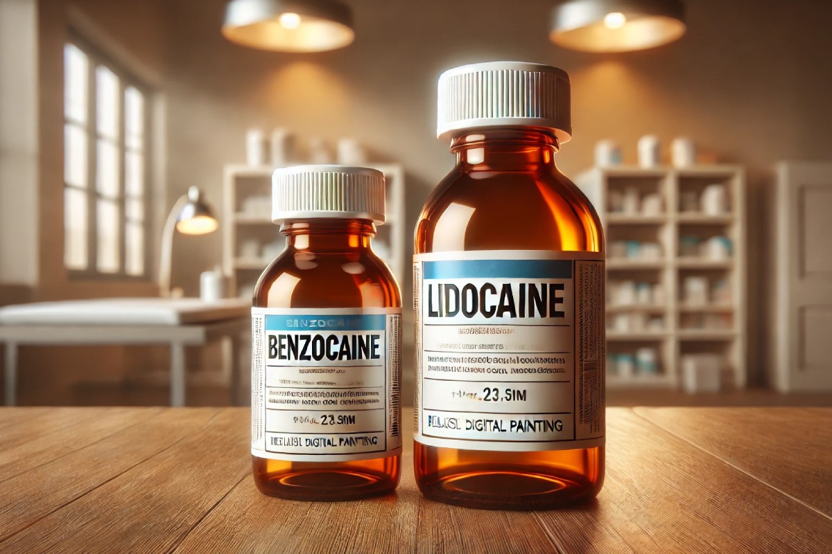 Two bottles on a table Benzocaine and Lidocaine
