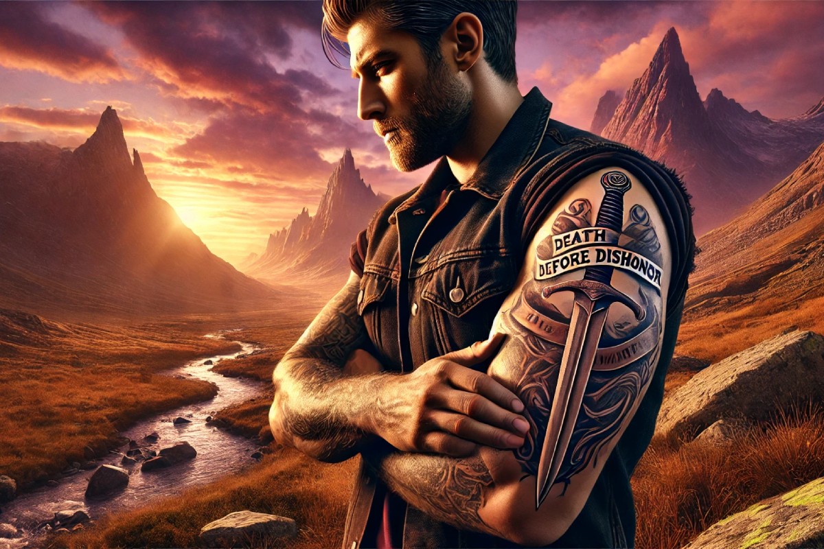 a rugged man standing in a vast mountainous landscape during sunset with a death before dishonor tattoo