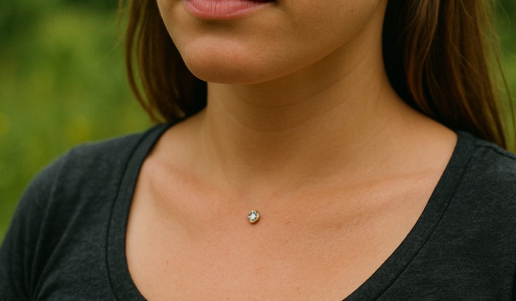 A woman with black shirt and dermal piercing - AI Generated