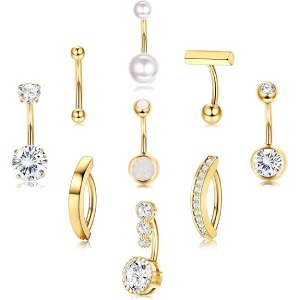 FIASASO 9 Pcs Gold Belly Button Ring - Surgical Stainless Steel