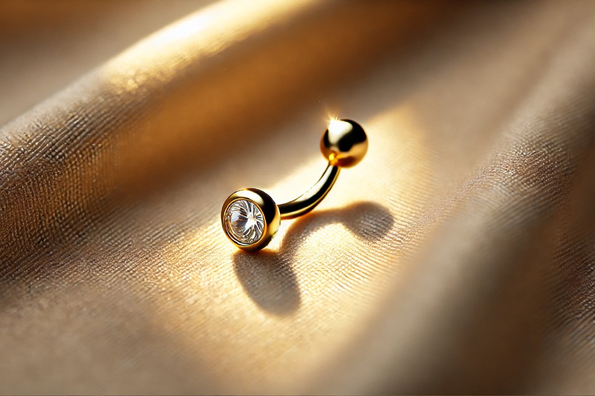 a gold belly button ring with a soft, elegant aesthetic