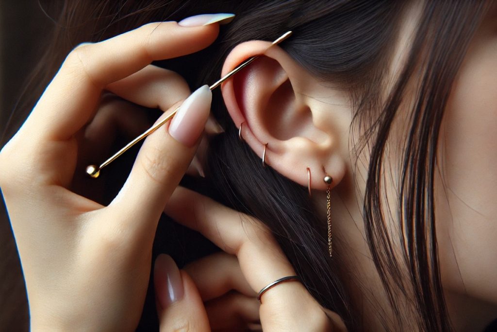 A woman inserting a tool for a piercing - AI Generated