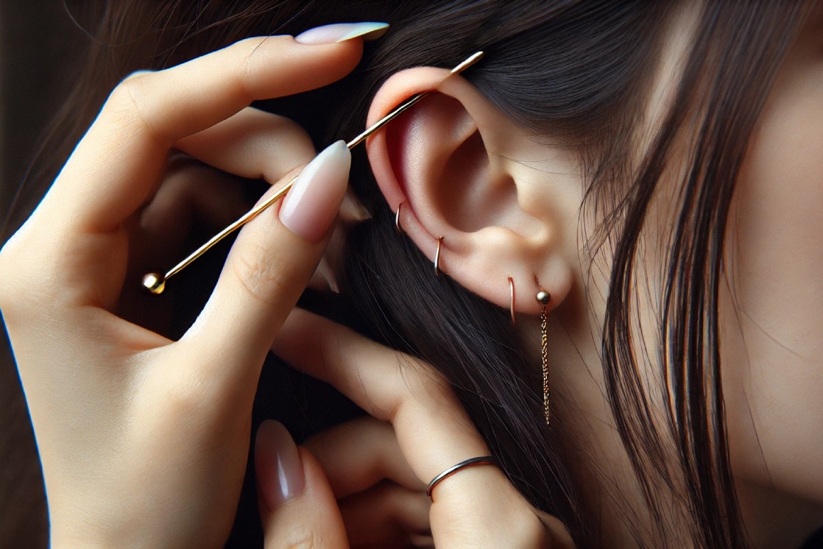 A woman inserting a tool for a piercing - AI Generated